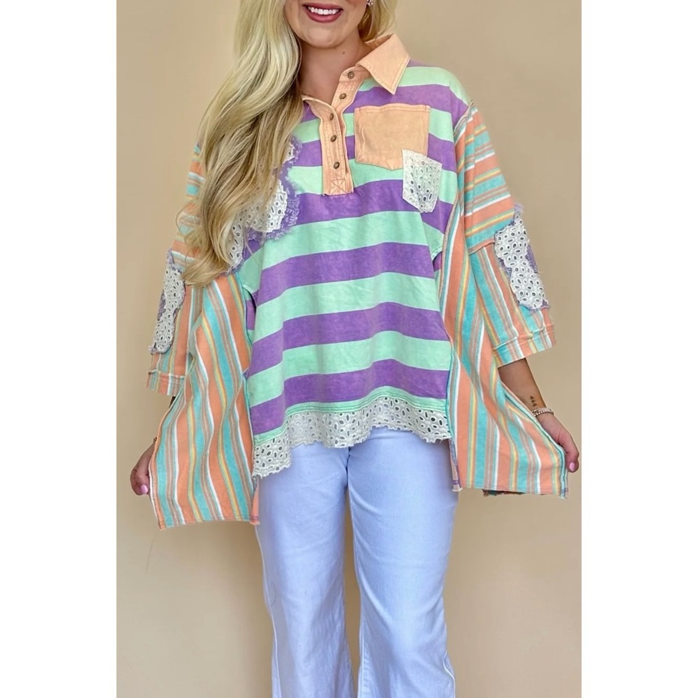 Oli & Hali Mixed Striped Flower Patched Oversized Polo in Orange Mint - Picture 8 of 8